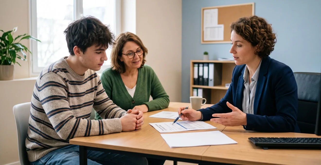 Jeune candidat au permis accompagné d'un parent consultant un conseiller professionnel au sujet des solutions de financement disponibles pour le permis de conduire