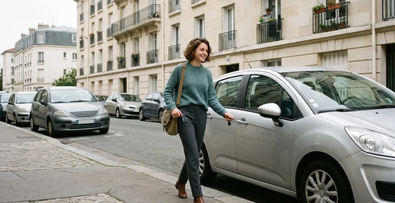 Jeune conducteur nouvellement titulaire du permis se dirigeant vers son véhicule pour partir au travail ou aux études dans un environnement résidentiel français