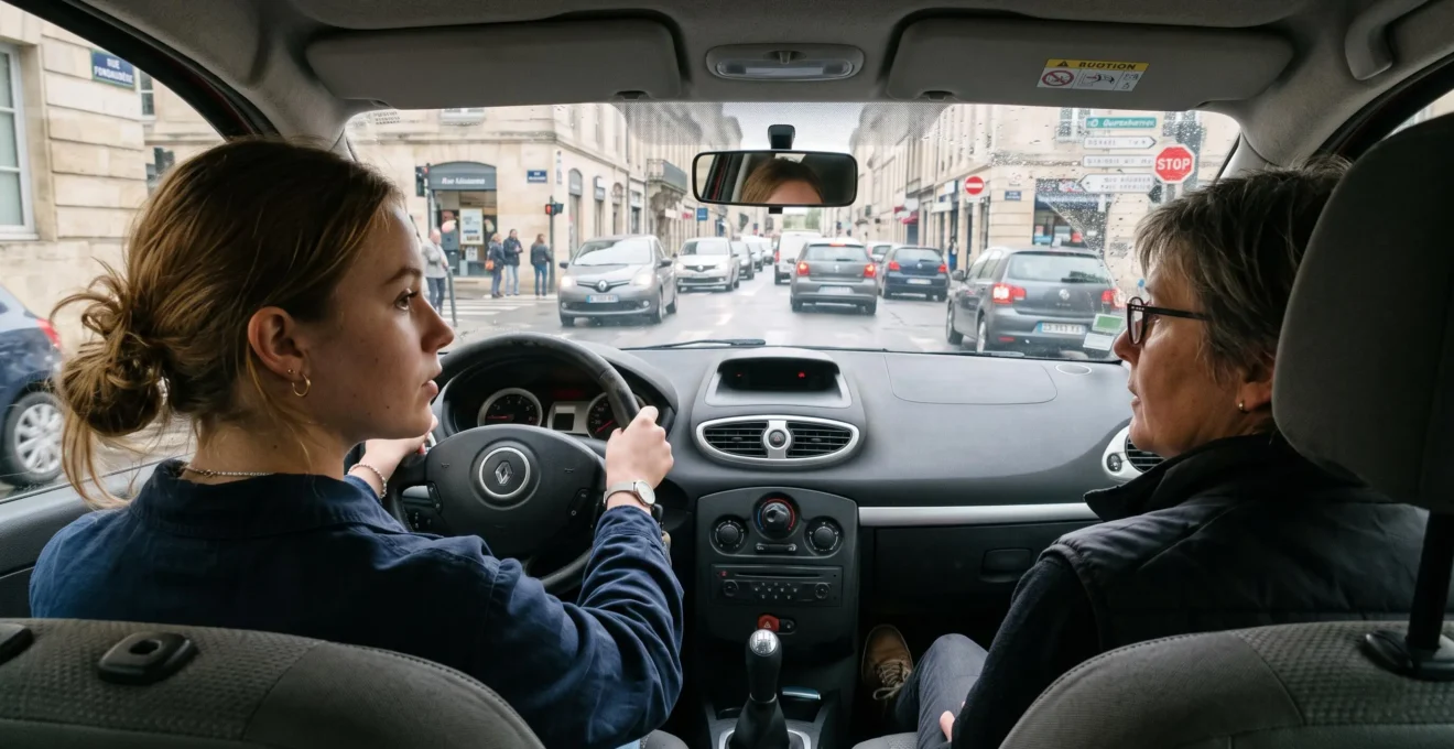 Jeune élève conducteur au volant lors d'une leçon de conduite accompagnée avec un moniteur à ses côtés dans une voiture-école en circulation urbaine française