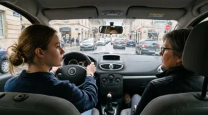 Jeune élève conducteur au volant lors d'une leçon de conduite accompagnée avec un moniteur à ses côtés dans une voiture-école en circulation urbaine française