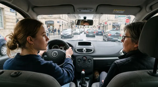 Jeune élève conducteur au volant lors d'une leçon de conduite accompagnée avec un moniteur à ses côtés dans une voiture-école en circulation urbaine française